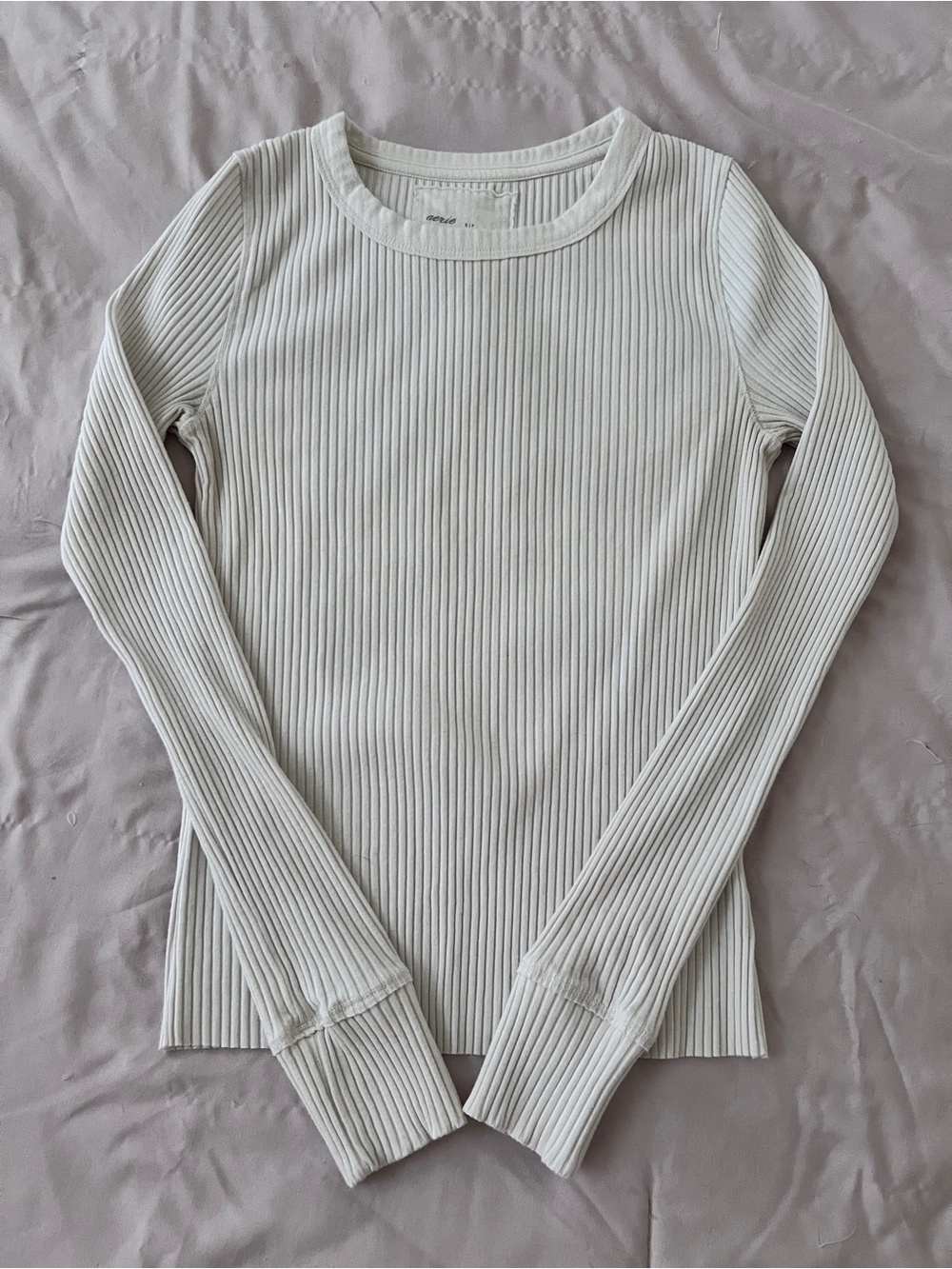 aerie Ribbed Long Sleeve Crew Top - White